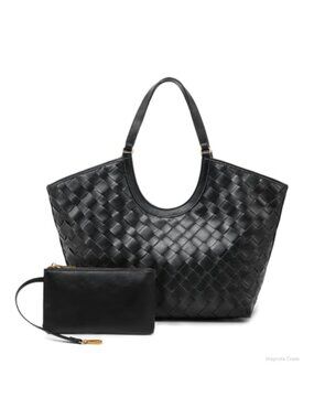 Hand-Woven Leather Tote Bag Magnetic Snap Removable Pouch Women Purse
